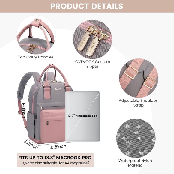 Pink Grey Mini Waterproof Daypack Backpack for Women with USB Port